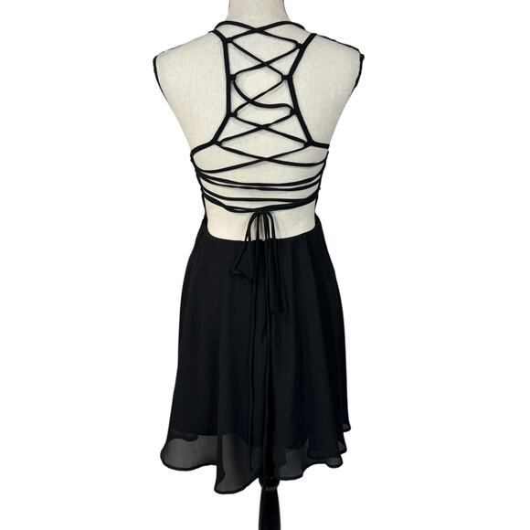 Lulus Medium Mini Fit 'n Flare Dress Tie Ladder Racerback Lined Black - Picture 5 of 10